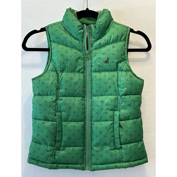 Old Navy Other - Old Navy Green Heart Puffer‎ Vest Girl's Size Med FullZip Front EUC